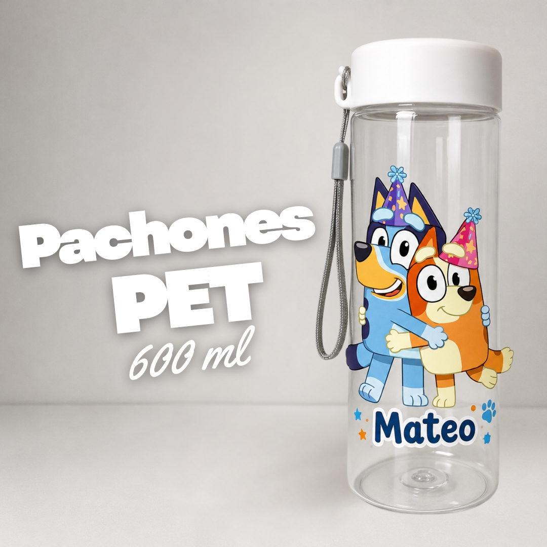 Pachón PET de 600 ml personalizado con nombre y personajes impresos